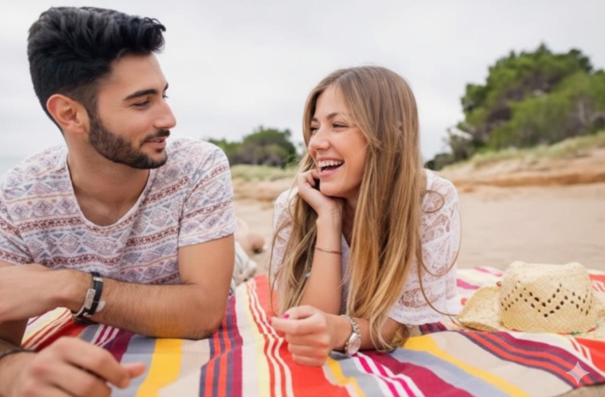 Pareja feliz en la playa, sonriendo, disfrutando de su compañía y mostrando una relación sana. La imagen representa cómo fortalecer la relación de pareja, mejorar la comunicación y cuidar del vínculo para evitar conflictos.
