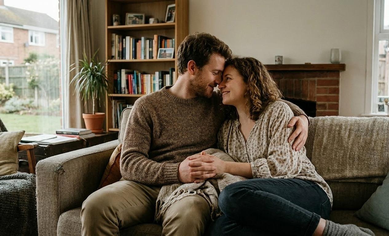 Pareja joven compartiendo un momento de intimidad y autoconocimiento en un ambiente acogedor, representando la conexión emocional y sexual saludable.